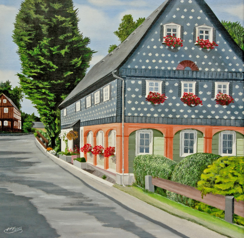 Umgebindehäuser in Acrylfarben in Hirschfelde